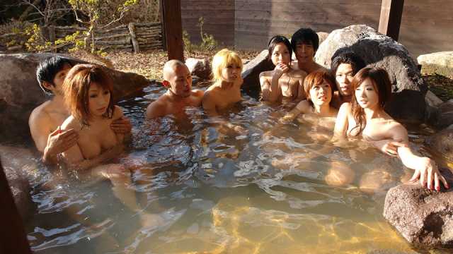 Japanese babes get filled with cocks in a hot spring