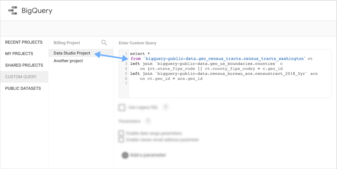 Example of a BigQuery custom query configuration, with the billing project set to "Looker Studio Project", while the query specifies a BigQuery public data set in the query's FROM clause.