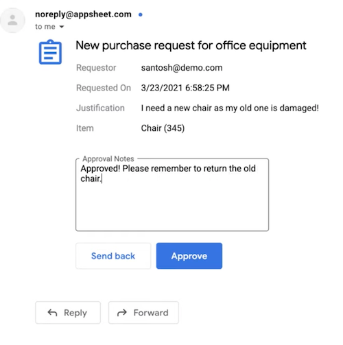 Email showing an approval for a request being completed directly in the email