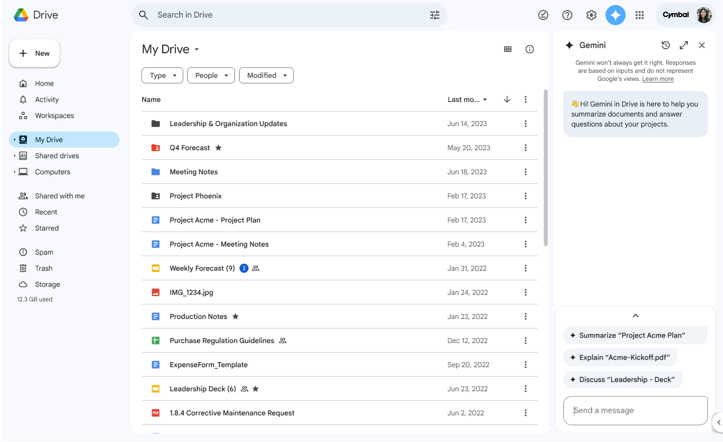 An animation showing someone asking Gemini in Drive about a file: "What is Project Acme?"