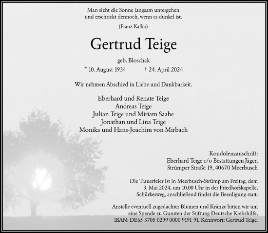 Traueranzeige von Gertrud Teige von Rheinische Post
