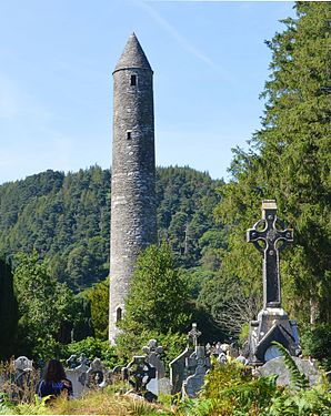 The round tower at the early medieval site Glendalough in County Wiklow, Ireland