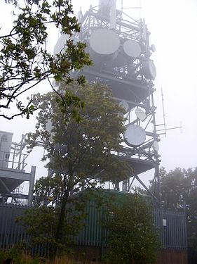 View of the tower from just below, with mist