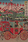 The Meiji Emperor and Empress in a Carriage Procession for their Silver Wedding Anniversary by Yosai Nobukazu.JPG