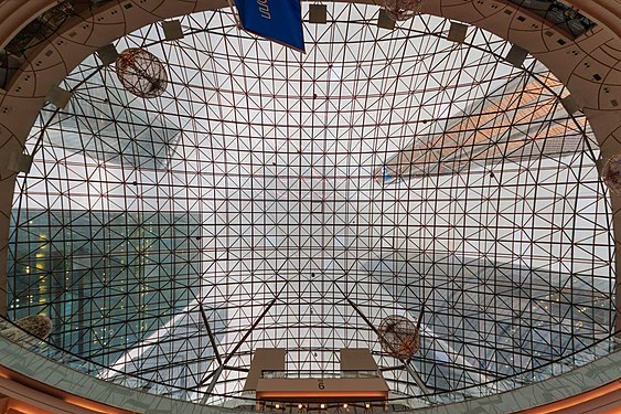 Towers of Moscow-City seen through a glass roof