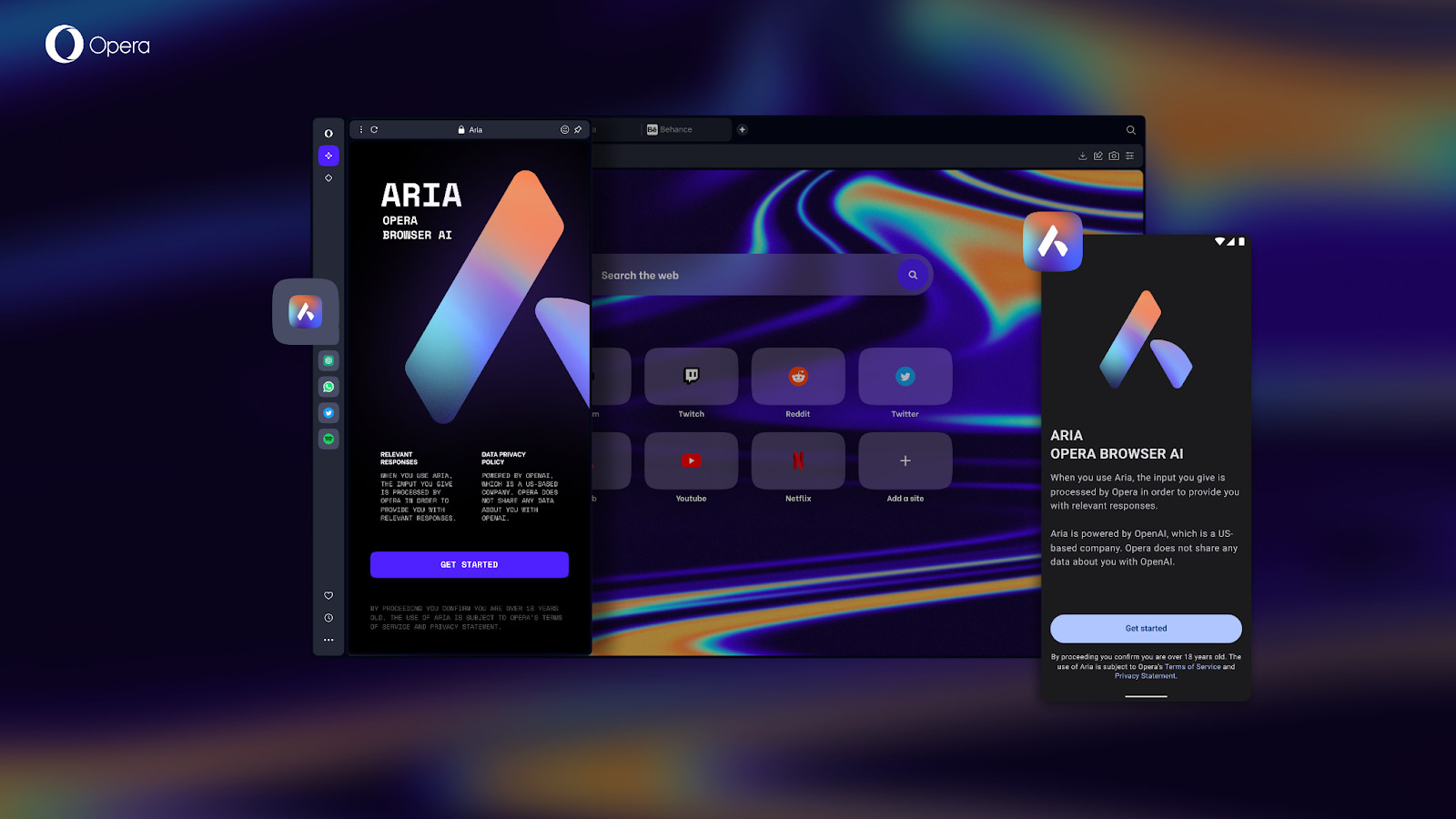 Both desktop of mobile screens display the "Get Started" page for Aria, Opera's new browser AI.