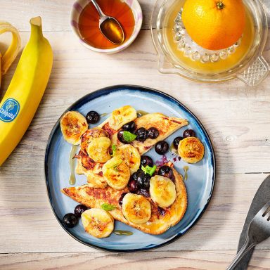 French Banana Toast with Maple Syrup and Blueberries