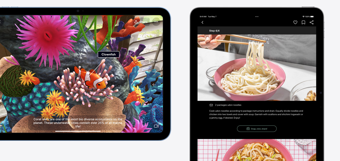 Показано iPad і iPad Air з додатками Jigspace і Kitchen Stories.