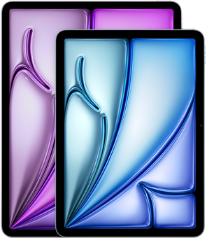 Imagen frontal de un iPad Air de 13 pulgadas y un iPad Air de 11 pulgadas que destaca la diferencia de tamaño.