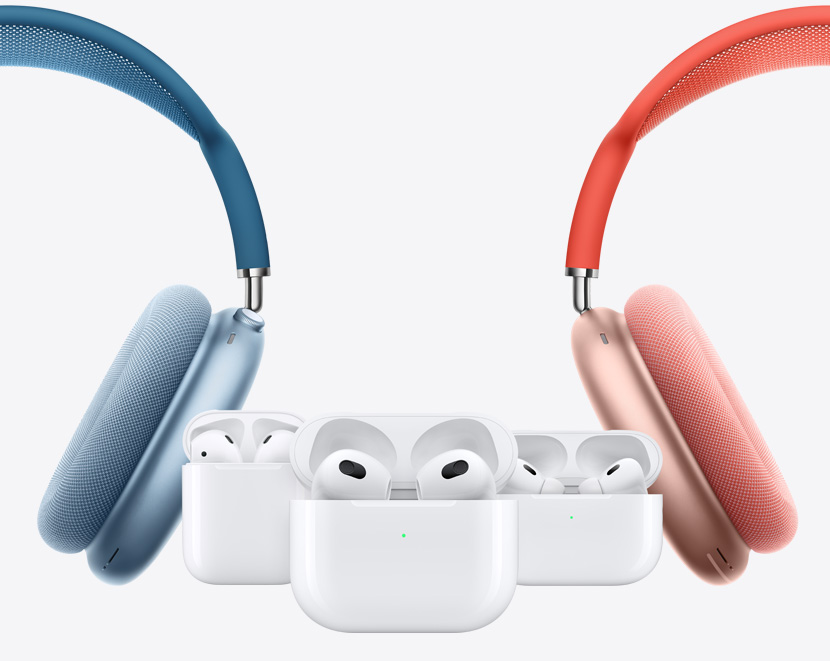 Two AirPods Max around AirPods 2nd Generation, AirPods 3rd Generation, and AirPods Pro 2nd Generation.