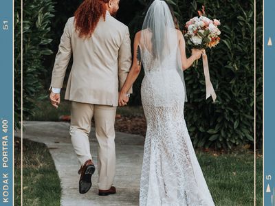 Bride and Groom Walking on Sidewalk