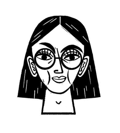 A black and white illustrated headshot of Noa. She has straight, short black hair that is parted in the middle. She has thick black eybrows and circular rimmed glasses and is smiling with her mouth closed.