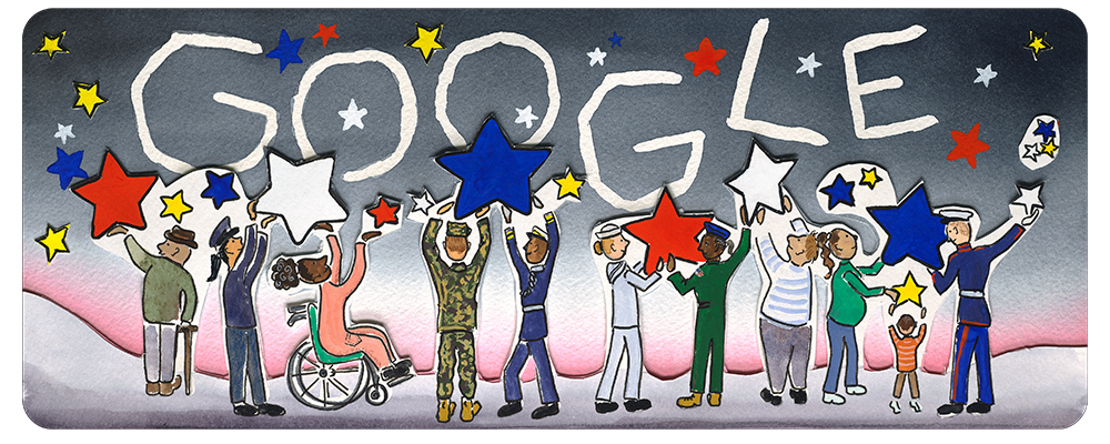 Painted image of veterans from various branches working together to place red, white, and blue stars in the sky. The Google letters are floating in the night sky above.