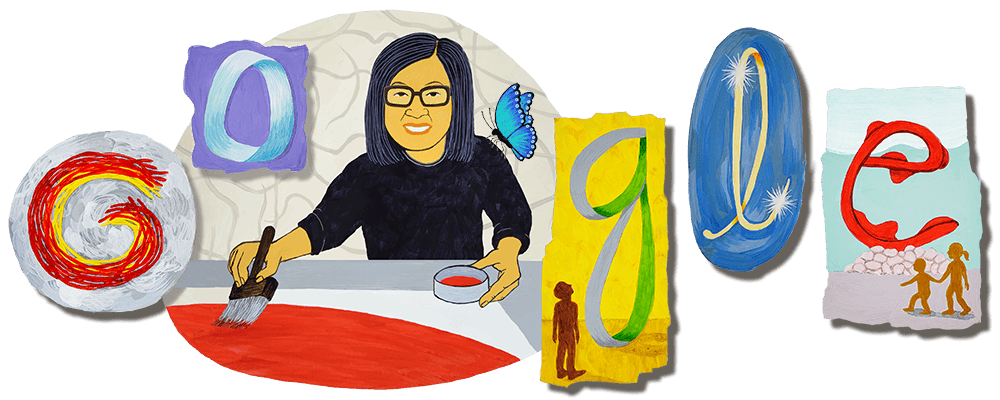 Illustration of a woman with black hair painting with a butterfly on her shoulder. The Google letters surround her.