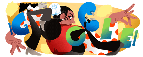 Colorful ilustration of a woman facing backwards with her arms outstretched dancing with the Google letters surrounding her.