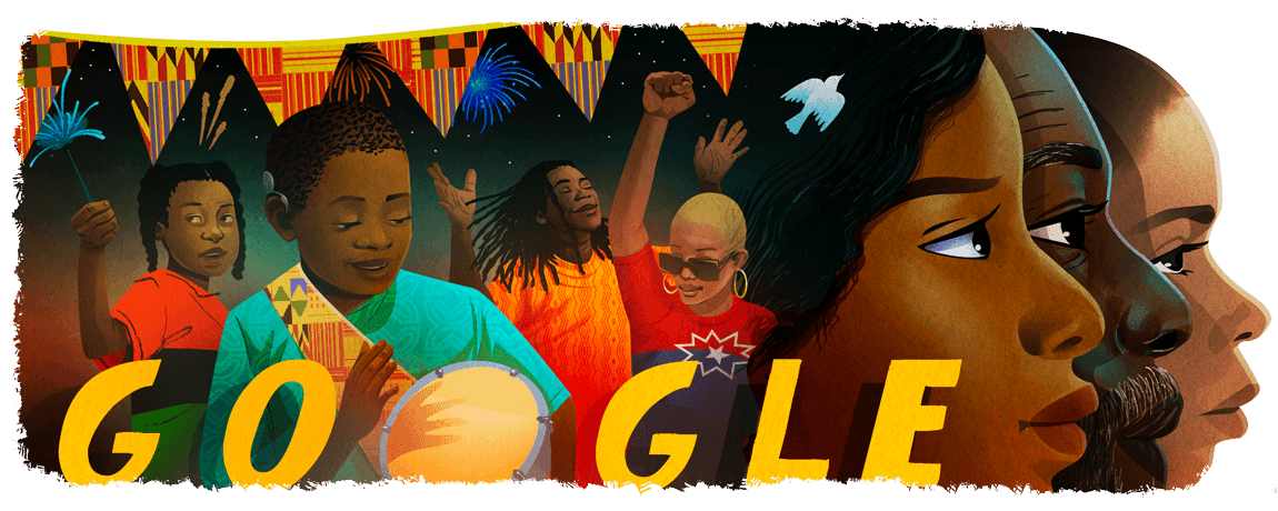 Illustration of Black Americans gathered in celebration. Four people of various ages dance in the background with heads overhead and a small boy with a Cochlear implant drumming in front. Three people's profiles are lined up on the right side with a white dove flying overhead. Colorful yellow, red, orange, and black patterned triangle flags hang at the top of frame. The Google logo sits at the bottom of frame with the boy's drum standing in for the second 