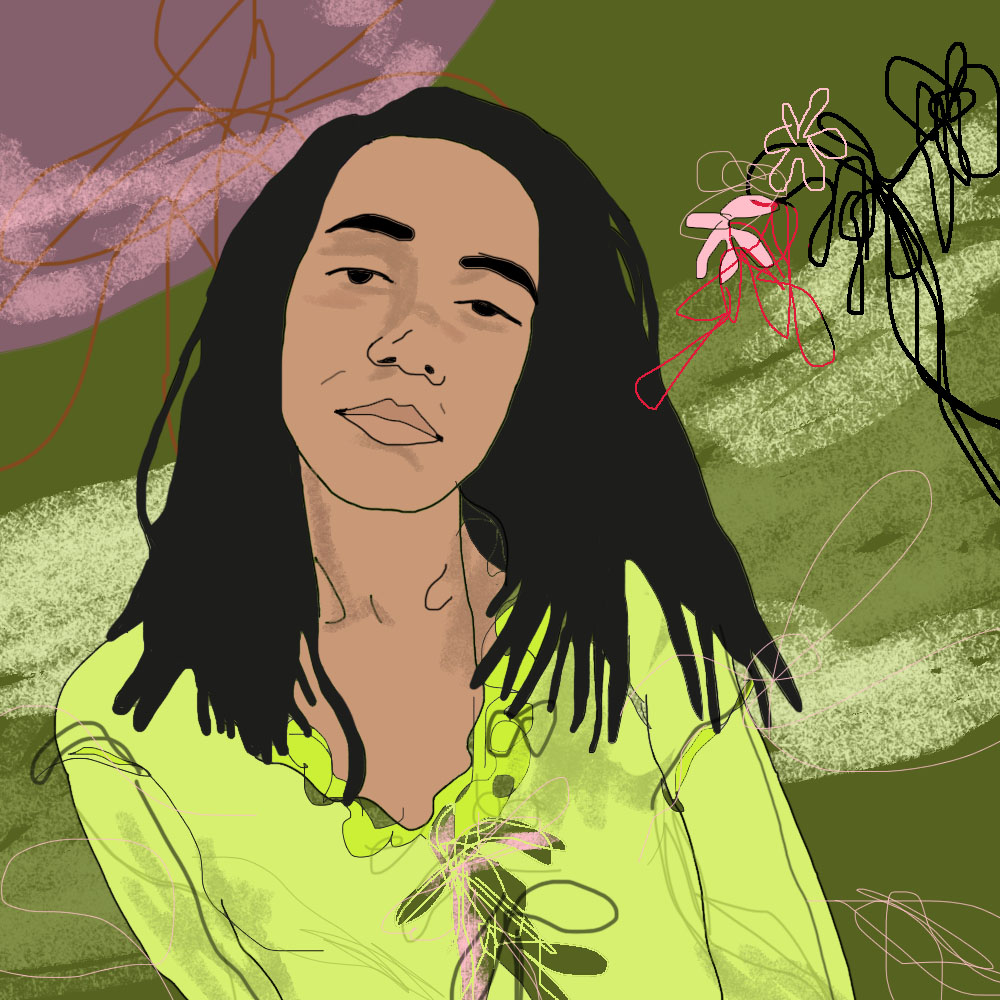 Illustration of a black woman with long black hair wearing a green blouse.