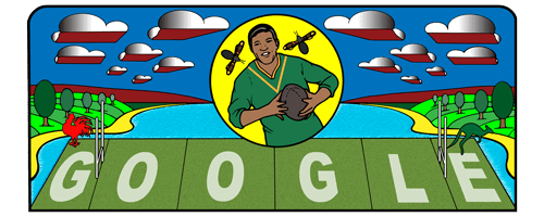 Illustration of the Google logo within a rugby field with a rugby player positioned in a circle above the scene. The background is a nature scene consisting of clouds, trees, and a river. 