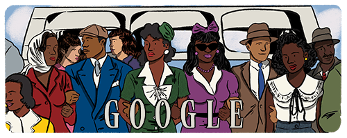 Illustration of a group of people linking arms with a bridge in the background. The people are a mix of men and women of varying ages, with varying shades of brown skin, and are wearing 1960s style clothing. The Google logo sits on the bottom of the frame.