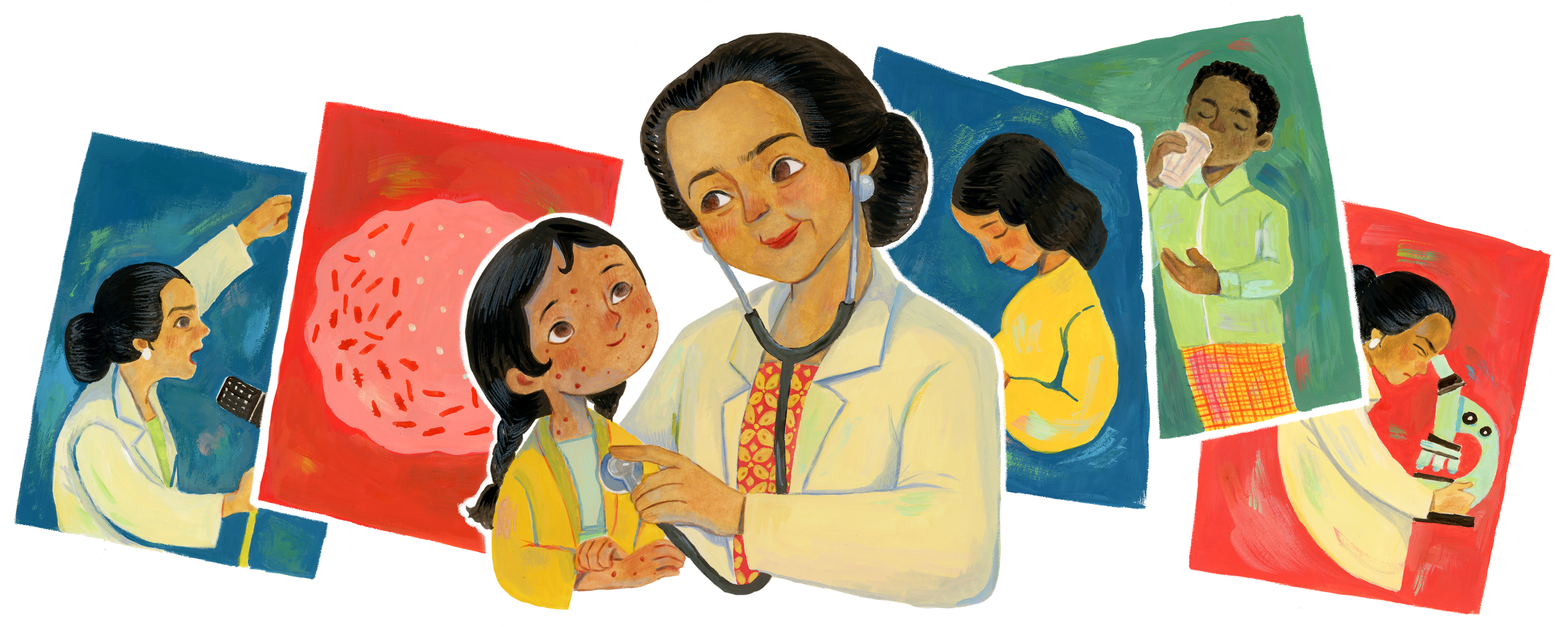Illustration of Dr. Saroso checking the heartbeat of a child with a stethoscope. Dr. Saroso has dark hair pulled back in a low bun and is wearing a yellow and red paisley pattern shirt with a white physician's coat on top. The child is to her left and is wearing a yellow sweater and has red dots on their face which indicates they are sick. The rest of the GOOGLE logo is represented by 5 vignettes behind them. Two of the vignettes feature Dr. Saroso speaking in a microphone and looking through a microsope. The other three vignettes show a boy and girl patient and a microscopic image of a virus molecule. 