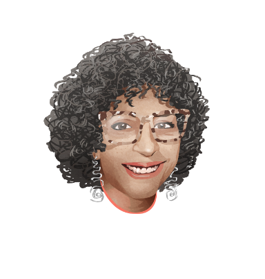 Headshot illustration of Laura. She has brown skin, short, curly, black hair and dark brown eyes. She is wearing brown tortoise shell framed glasses and silver earrings that hang down below her chin. She is smiling and has red lipstick on. 