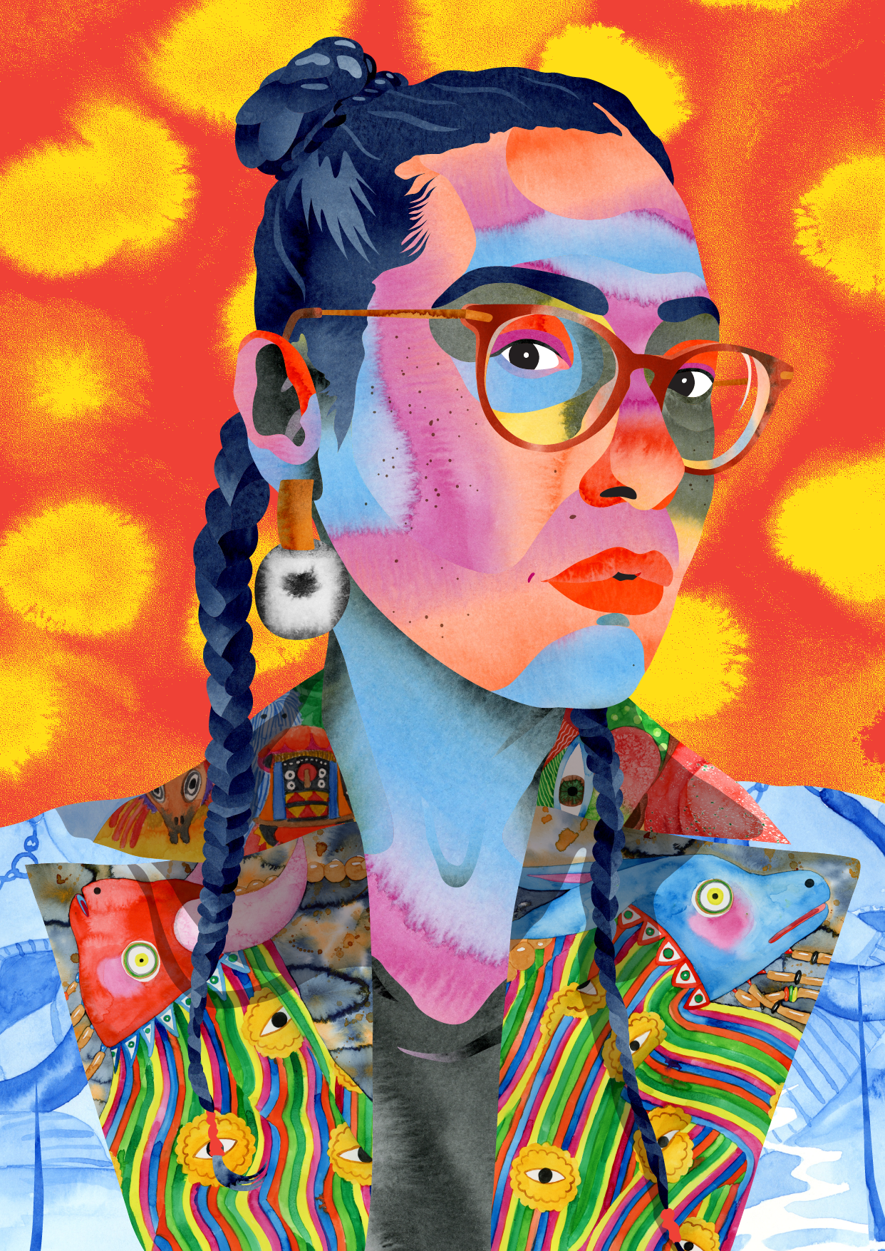 Mulitcolor headshot illustration of Hélène looking straight at the camera. Hélène has black hair styled with a top bun and two braids on each side. Hélène has black eyes and brownish-red framed glasses and bright red lilps. Their skin is multicolored with peach, purple, blue, and orange they have a mulicolored blazer on with a print of fictional animals and yellow eyes. They are wearing a bold earring and have standing in front of a red background with bright yellow splotches.