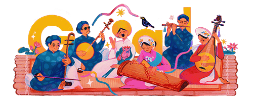 Illustration of a group of people playing instruments with the Google logo positioned within the scene.