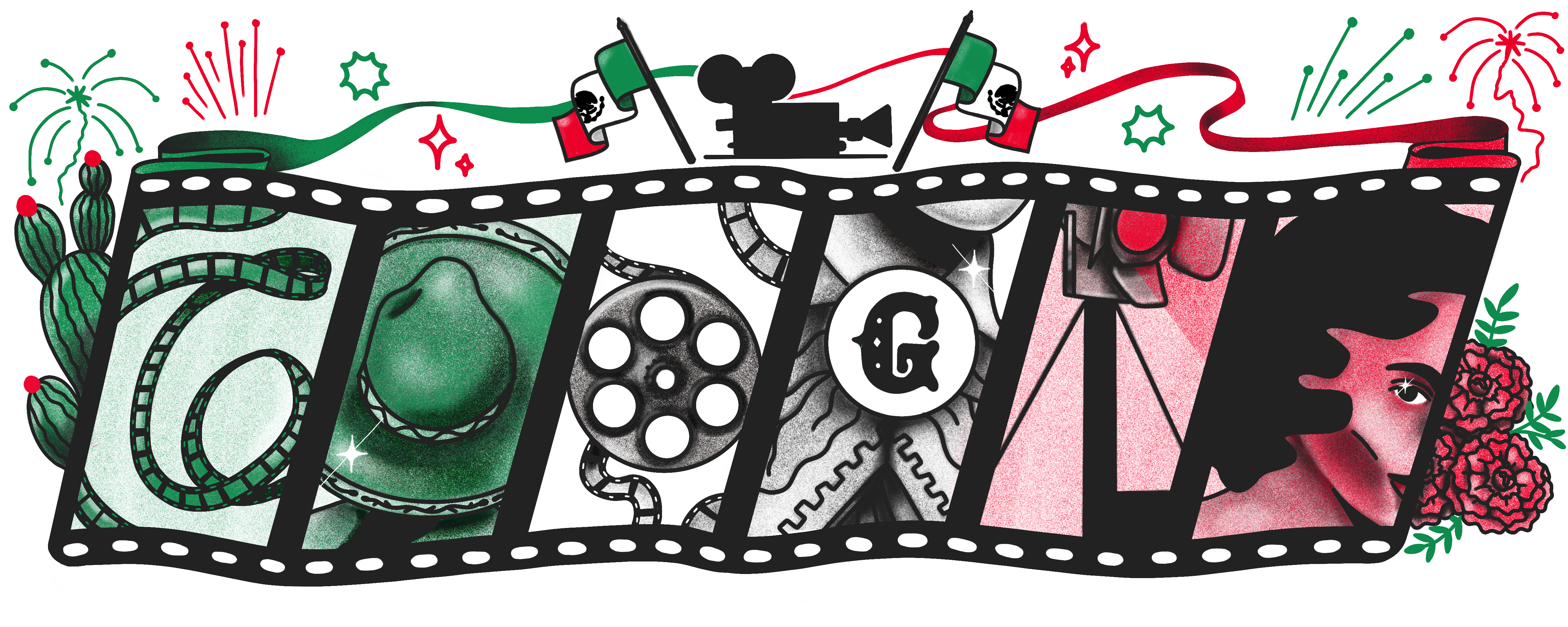 digital illustration of the Google logo in a film strip shape, with each frame representing a different letter. the G frame is green and has a strip of film in the shape of the G, the O is a green sombrero, the second O black film canister, the G is a bow on the neck of an individual, the L red and is the base of a spotlight, and the final e is represented by the hairline of a woman with black hair. The border of the film strip is decorated with cacti, flowers, fireworks, two Mexican flags, and a film camera. 