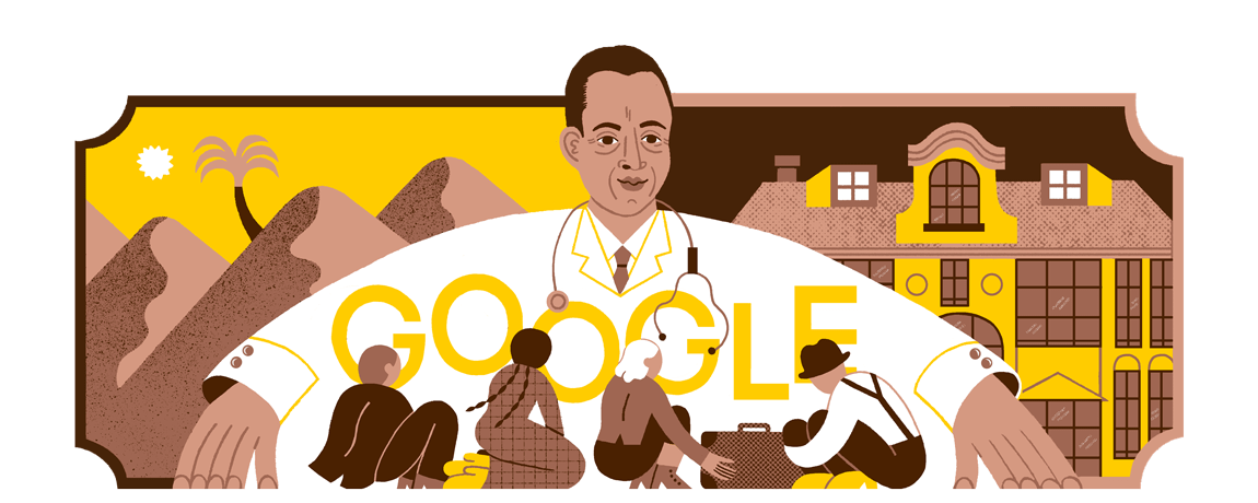 Illustration of a large-sized Dr. Mod Helmy wrapping his arms around the community. He has brown skin and is wearing a doctors coat and stethoscope around his neck. The GOOGLE logo is spelled out on his coat in large yellow letters. A desert scene is behind him on the left and a city scene is behind him on the right. A few people sit on the bottom of frame facing Dr. Helmy.