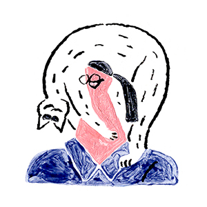 Abstract headshot illustration of the artist, Yumi Koizumi. The Head of the person is represented by a white cat bent over forwards. The figure is wearing a dark blue collared button up shirt.