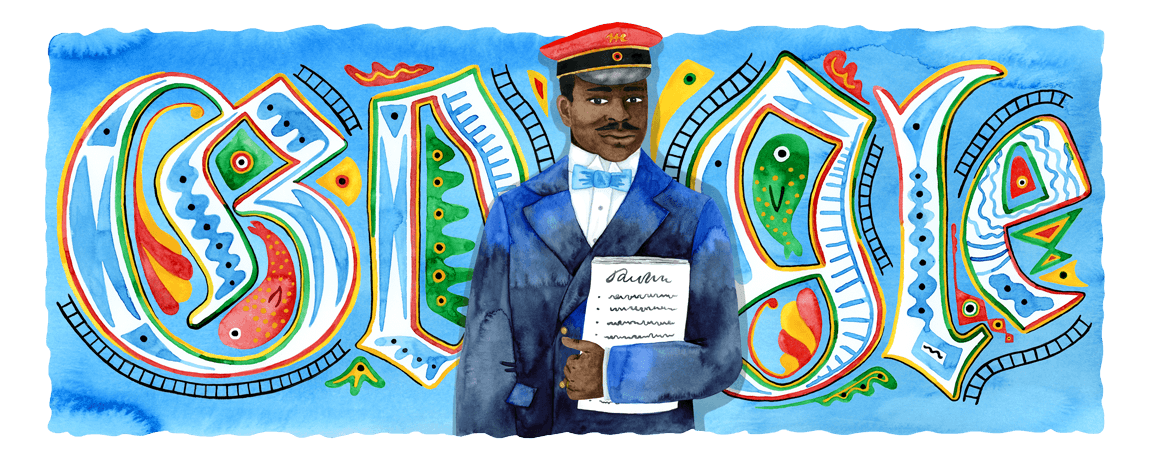 illustrated portrait of Martin Dibobe from the waist up. He has dark brown skin, dark brown eyes, black hair, and a black mustache. He is wearing a red conductor hat, a white collared shirt, a light blue bow tie, and a dark blue blazer. He is holding a notebook with black writing scribbled on it in his left arm. The GOOGLE logo is spelled behind him with large multicolored letters decorated with several types of abstract doodles including fish and train tracks.