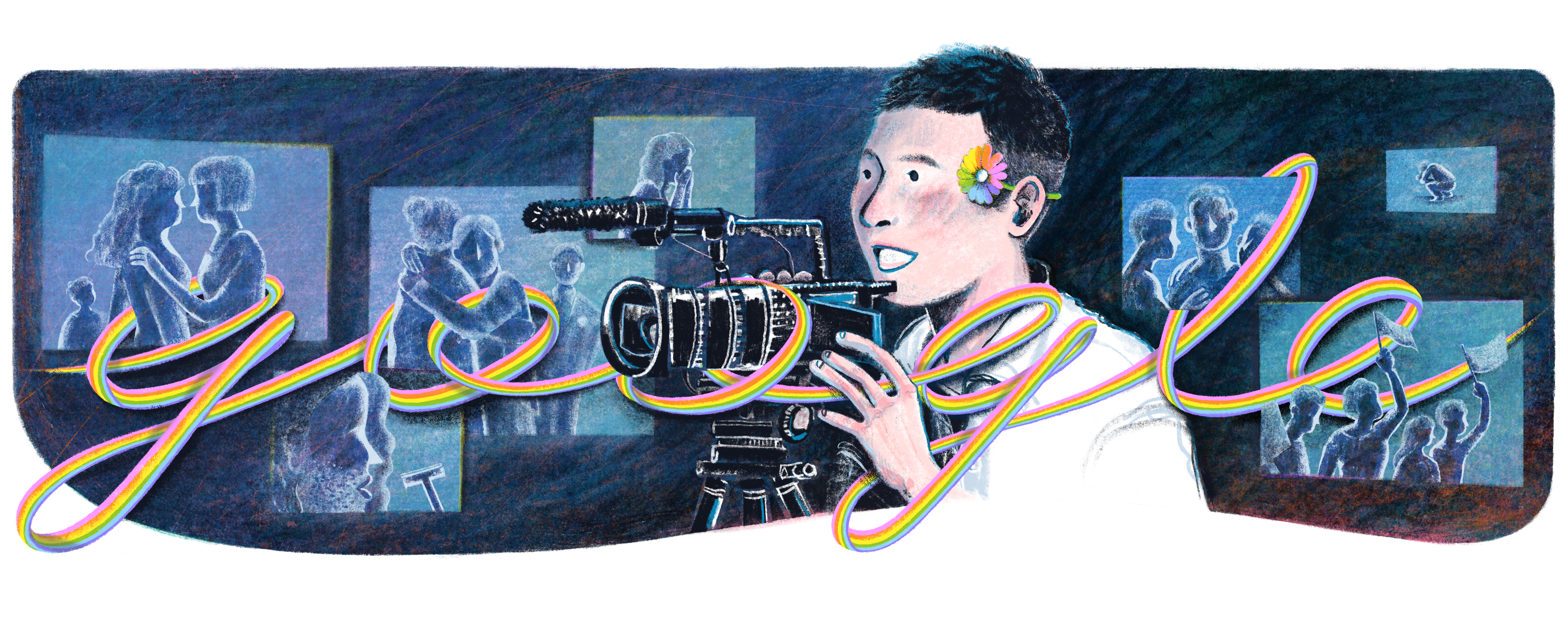 Illustration of Mickey Chen behind a camera on a stand. He has black, short hair, white skin, and has a colorful flower tucked behind his ear. The background shows multiple vignettes of people with the 