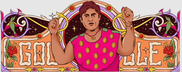 Illustration of Hamida Banu wearing a pink shirt holding her fists up. Google letters are incorporated into the background with illustrations of green birds, red flowers and stars in the sky.