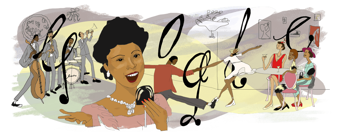 Illustration of Adelaide Hall singing in a venue with a band, dancers, and a small audience behind her. Adelaide has brown skin, black short hair, and is wearing a pink dress with jewelry. She holds a microphone in her left hand. The Google letters are arranged within the scene resembling musical notes. 