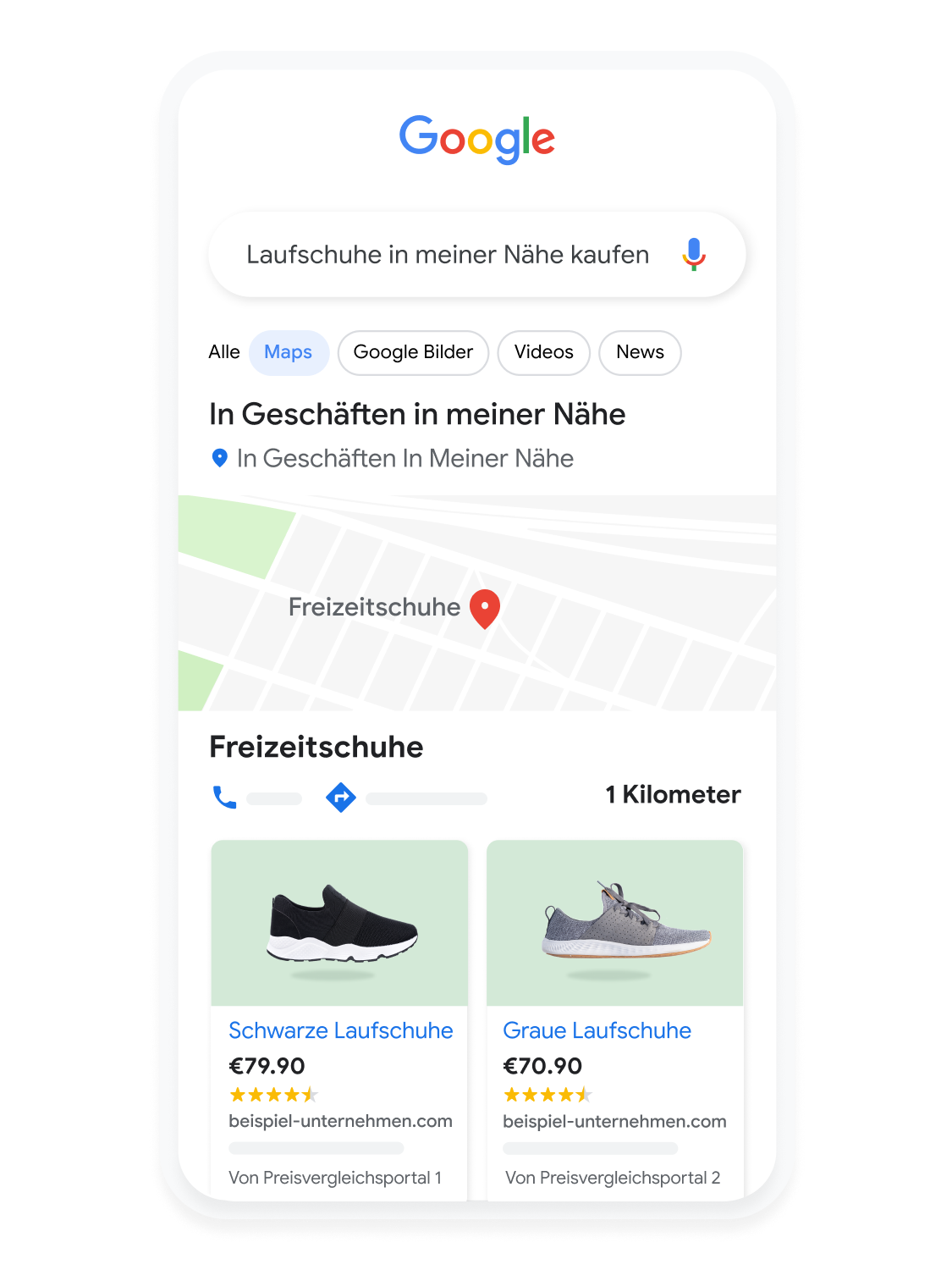 Auf einer animierten Mobilgeräte-Benutzeroberfläche ist zu sehen, wie ein Nutzer auf Google Maps nach Laufschuhen sucht.