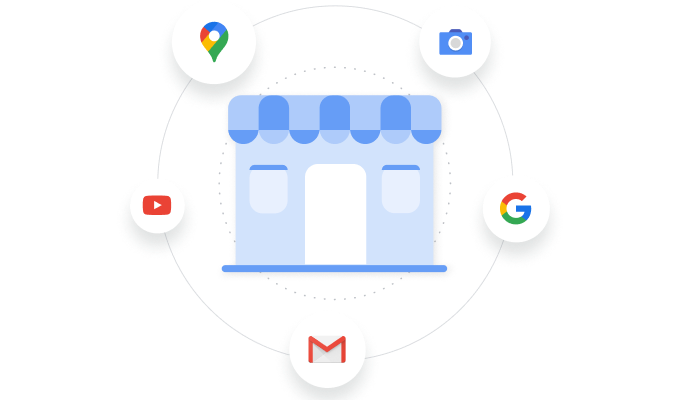 Ein Symbolbild für ein Ladengeschäft ist kreisförmig von den Markensymbolen für Google Maps, Google Bilder, Google Suche, YouTube und Gmail umgeben.