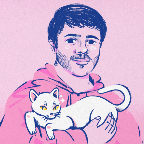 Illustrated headshot portrait of Juan all in pink. He has short, dark hair that is parted on the side and swept to the side. He has dark eyes, stubble facial hair, and is smiling witih closed lips. He is wearing a pink hoodie and is holding a white cat with yellow eyes on his right arm.