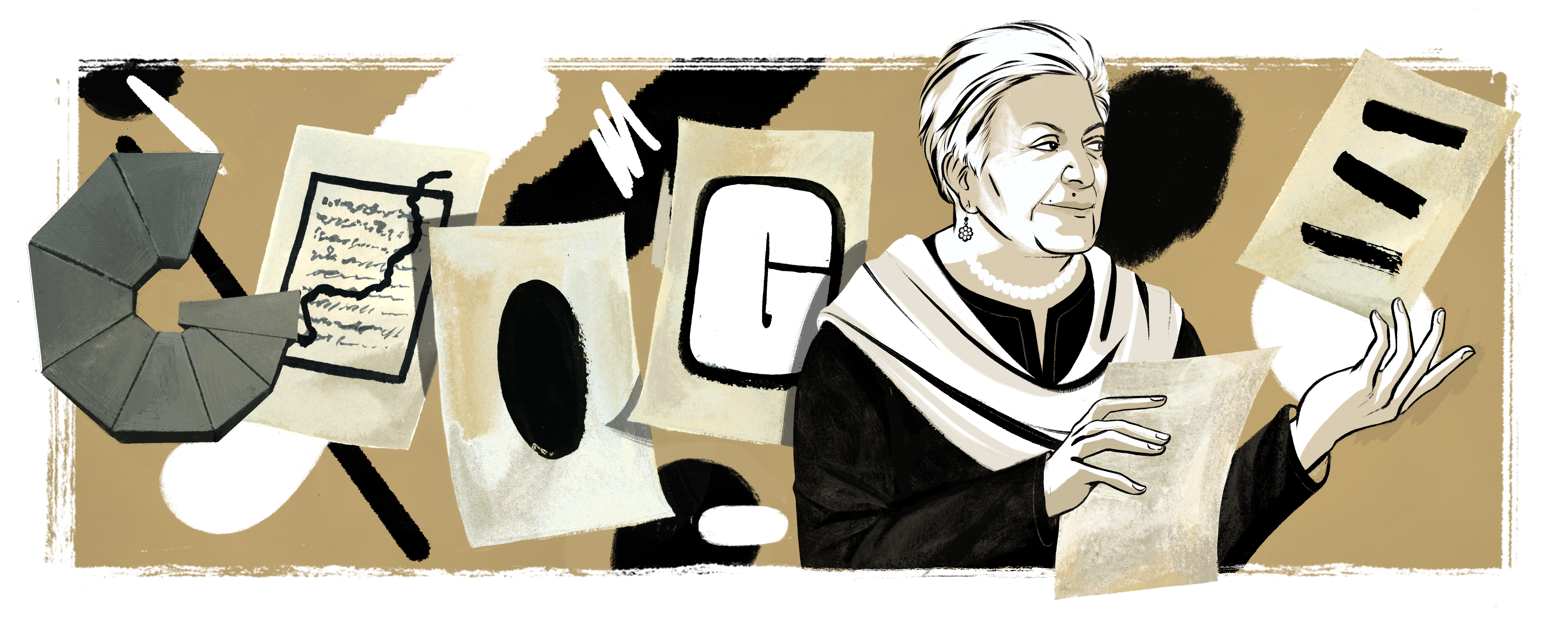 Digital illustration of Zarina Hashmi holding some of her sketches on paper in each hand. Zarina represents the L in the GOOGLE logo and has white short hair, earrings and a pearl necklace, a black dress, and a white shawl. The rest of the Google logo is represented by sheets or paper with shapes on them that appear like the letters. The background is tan with black and white abstract shapes on it. 