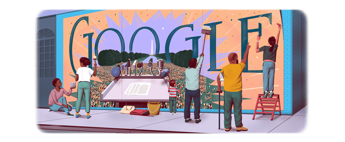 Illustration of five community members gathering to paint a mural of the Google Logo with a backdrop of podium at the March on Washington 