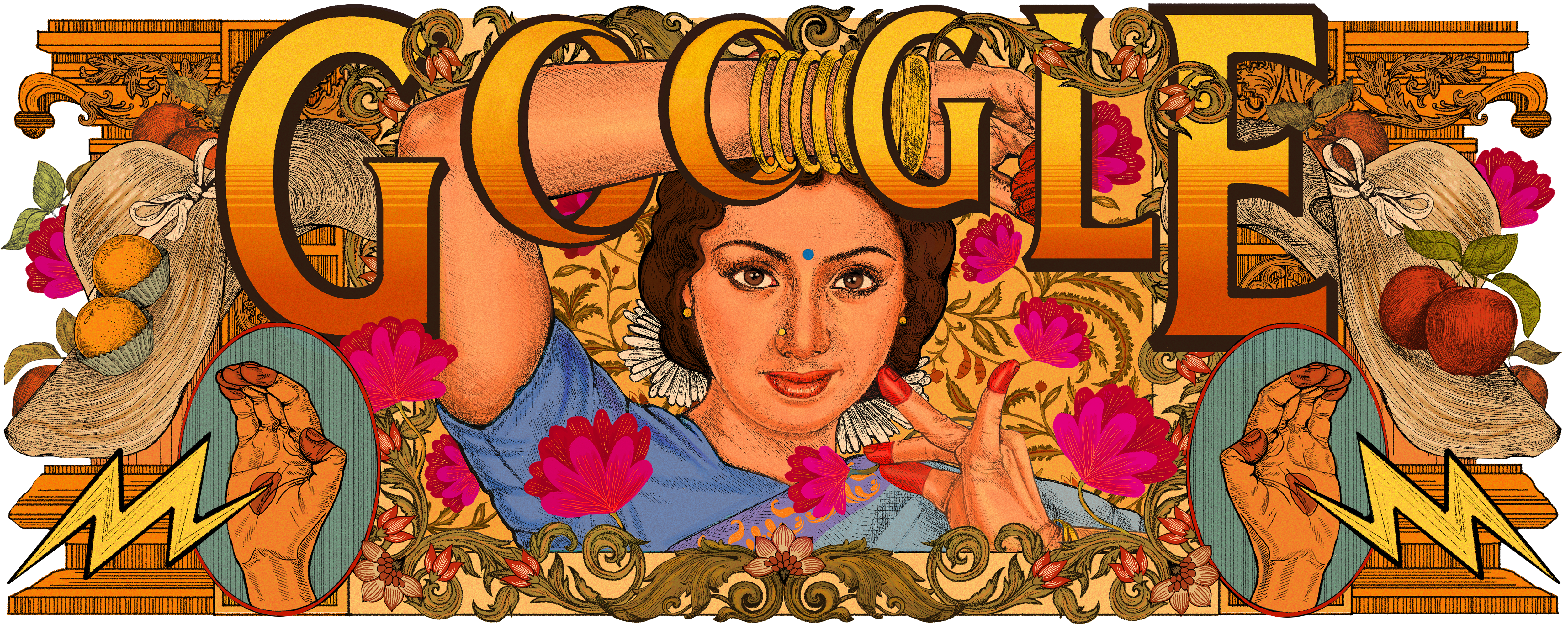 Digital illustration of an Indian woman staring at the viewer, striking a pose with her right hand in the air and left hand by her chin. She has olive skin and dark brown hair and eyes and has a faint smile. She has henna'd fingertips, a gold nose ring, gold bud earrings, and a blue bindi and is wearing a blue sari. The Google logo is spelled above her head with the two Os being represented as gold bangle bracelets on her arm. The rest of the image is ornately decorated with foliage, pink flowers, fruits, hats, and henna'd hands with a yellow lightning bolt coming from them. 
