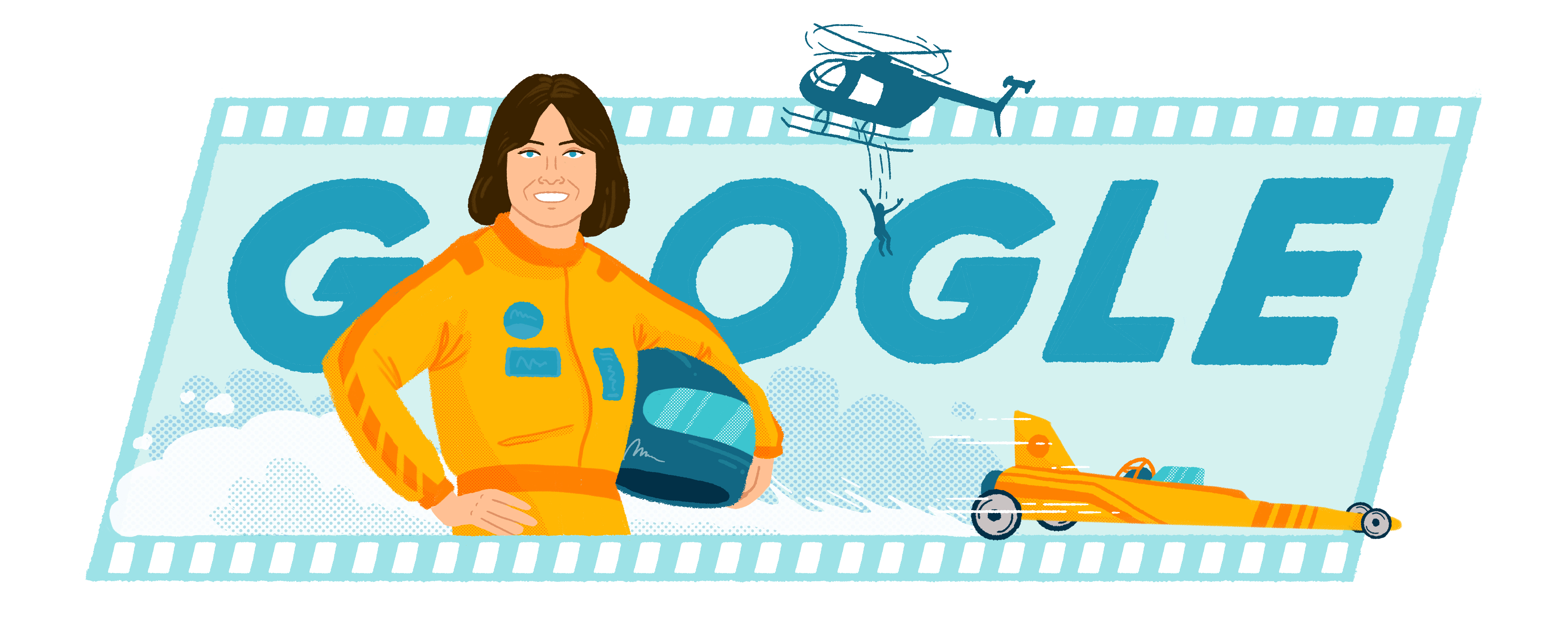 Illustration of Kitty O'Neil in a yellow racing suit holding a helmet standing in front of the GOOGLE logo. She has shoulder-length brown hair, blue eyes, and fair skin. In the background is a race car and helicopter with a person jumping. The scene sits within a large film strip shape.
