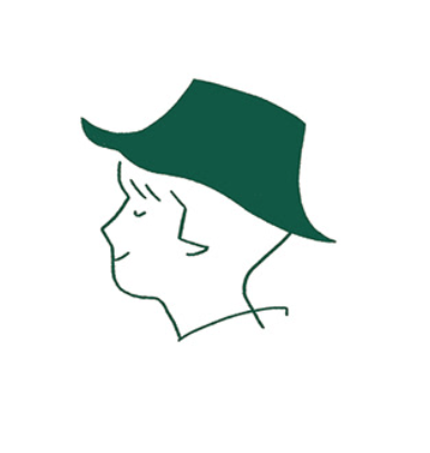 Dark green and white line drawing of a Dyin's head from a profile view, wearing a bucket hat.