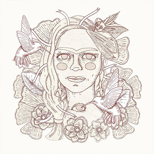 Fantasy-style line drawing of Ana's headshot in brown and white. Anna las long braided hair and a unibrow. She has big eyes and is facing the viewer. She is surrounded by flowers and has a bat on one side of her head and two hummingbirds flying around her. 