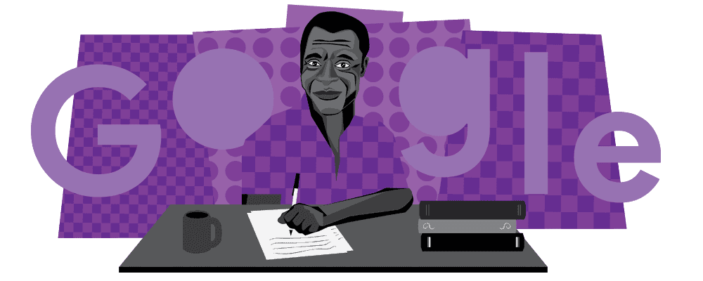 A purple, abstract background behind the Google logo in purple as well. In the forefront there is an illustration of James Baldwin softly smiling sitting at a desk holding a pen. On the desk there is a mug, some papers and a stack of books. 