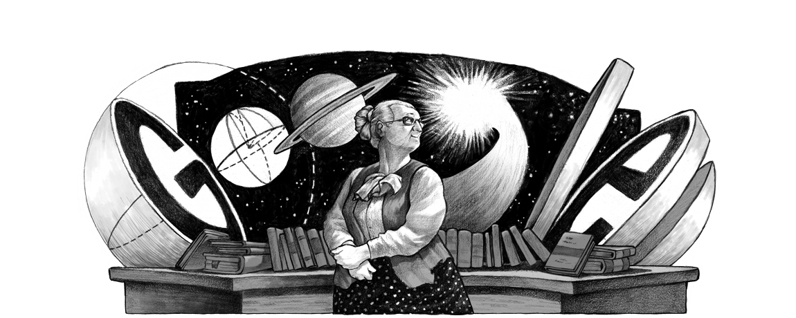 digital illustration of an older woman standing in front of a desk filled with books and looking to her left. She has grey hair pulled into a bun, thick rimmed glasses, and a blouse, vest, and skirt. The Google logo is spelled behind her and is represented by Saturn and other spherical space objects in front of a starry scene. 