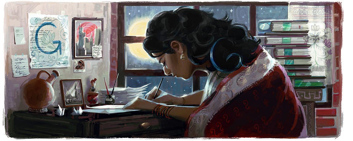 Illustration of Meena Alexander sitting at a desk in a room, writing on a piece of paper. Meena has dark long hair and is wearing a dark red blanket. Google letters are incorporated into the background of the illustration. 