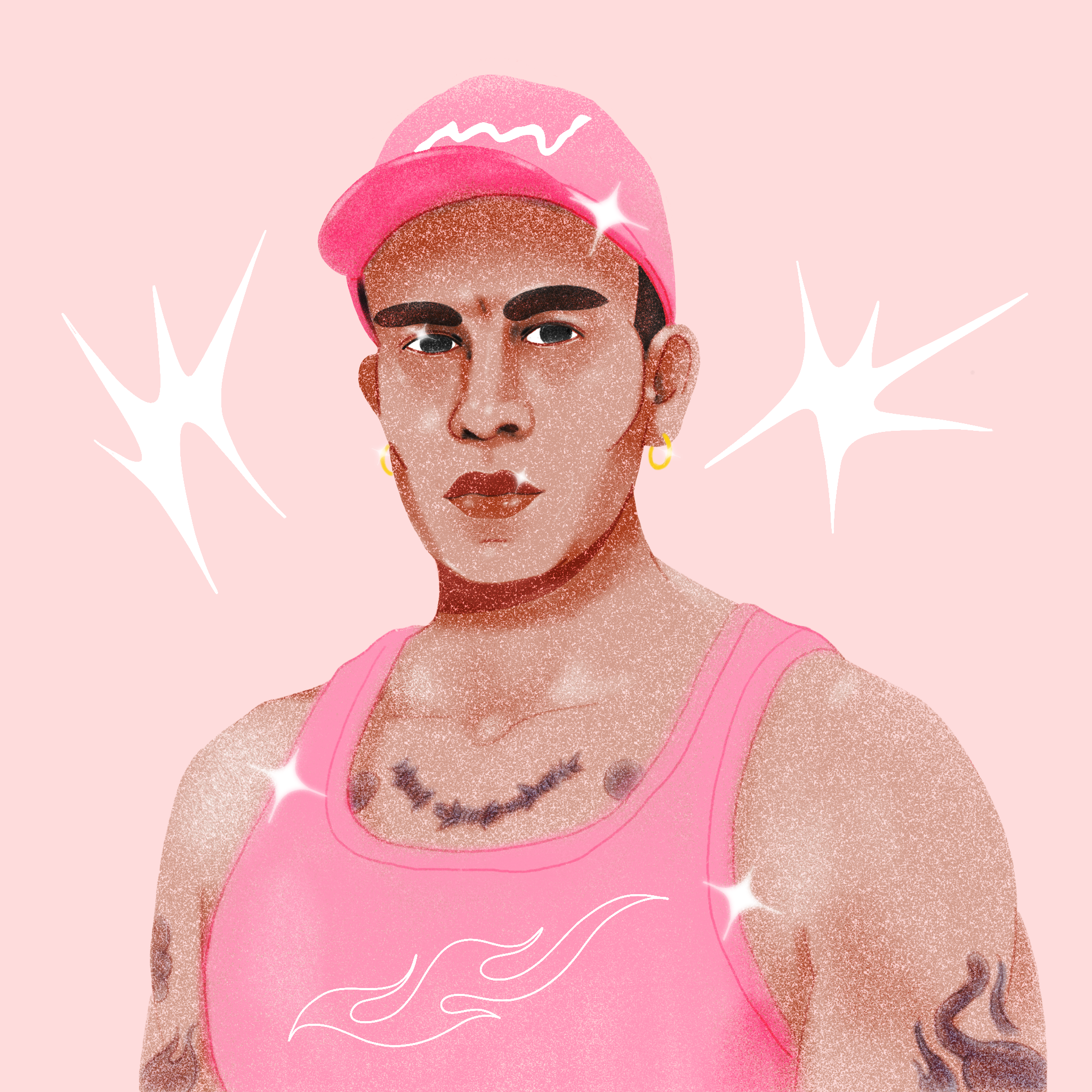illustrated headshot of a man from the chest up. He has olive skin, short dark brown hair, thick dark brown eyebrows, and dark brown eyes. He is wearing a pink ball cap, two gold hoop earrings, and a pink tank top with a drawing of a flame on it. He has tattoos on his arms and chest. The background is pink and there are several white sparkles throughout the photo.