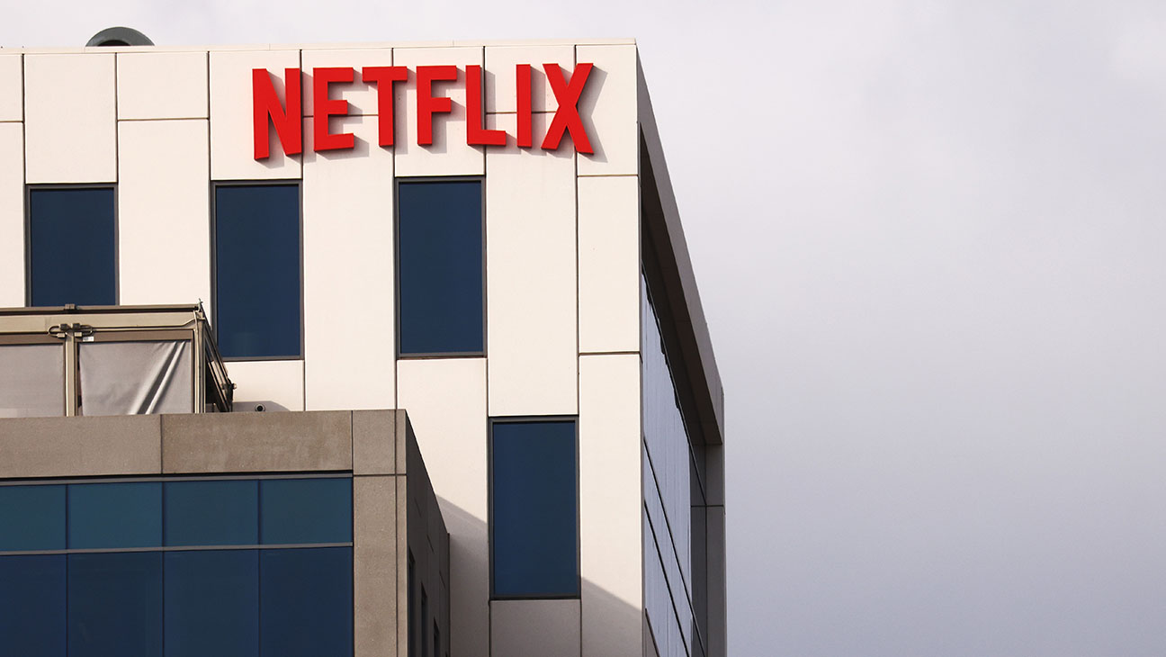 The Netflix logo is displayed at Netflix's Los Angeles headquarters.