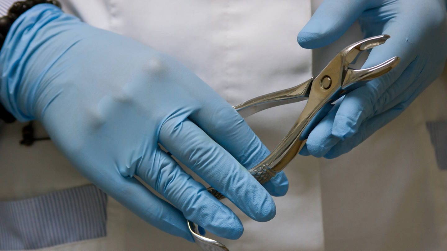 Nahaufnahme einer Zahnarzt-Zange, gehalten von zwei Händen, die in blauen, medizinischen Handschuhen stecken.