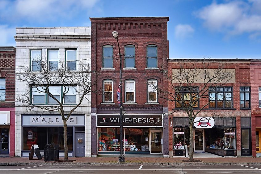 Market Street in the Gaffer District, Corning, New York, has well-preserved 19th-century buildings with interesting stores. Editorial credit: Spiroview Inc / Shutterstock.com